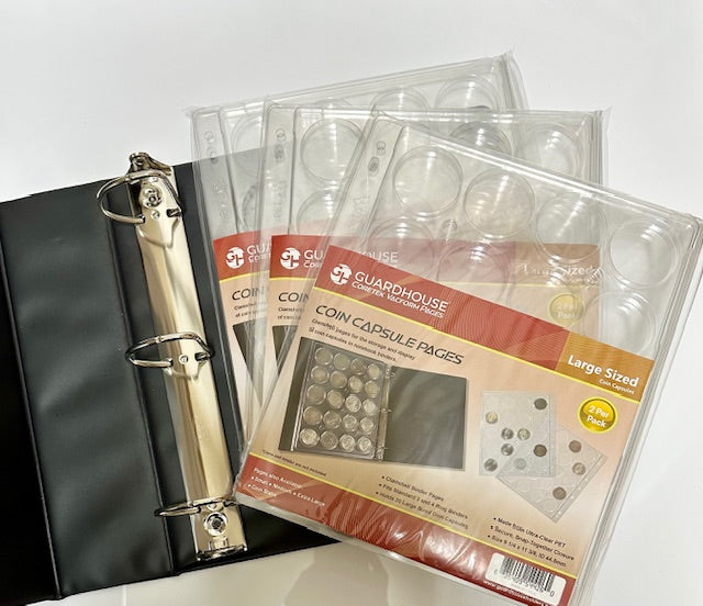 BCW 3" Binder INCLUDES -  6 Guardhouse Large or Model H Coin Capsule Pages